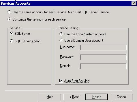 29. Haga clic en Customize the settings for each service. 30. SQL Server del tecleo en la sección de los servicios. 31.