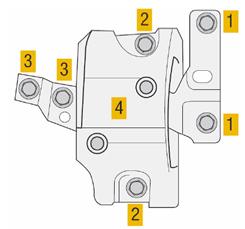 Desenroscar ahora los tornillos interiores (1) del soporte del motor y del apoyo exterior. (3) Después quitar los otros tornillos centrales. (2) Sacar el soporte del motor.