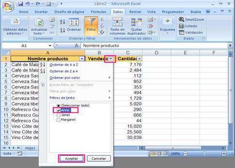 del menú de cada filtro creado, cómo se presenta en la imagen a continuación: SUBTOTALES Microsoft Excel puede calcular automáticamente valores de subtotales y