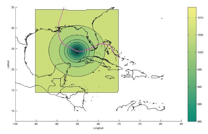 intensidad histórica (54 años) de los huracanes analizados Mapa de presión