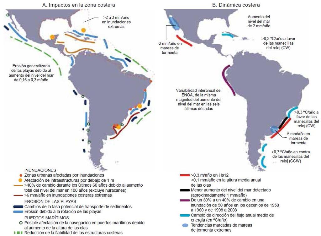 Impactos costeros actuales y predicciones y dinámicas costeras ante el cambio climático Fuente: Tomado de CEPAL 2011, 2012 in Magrin, G.O., et al, 2014: Central and South America.
