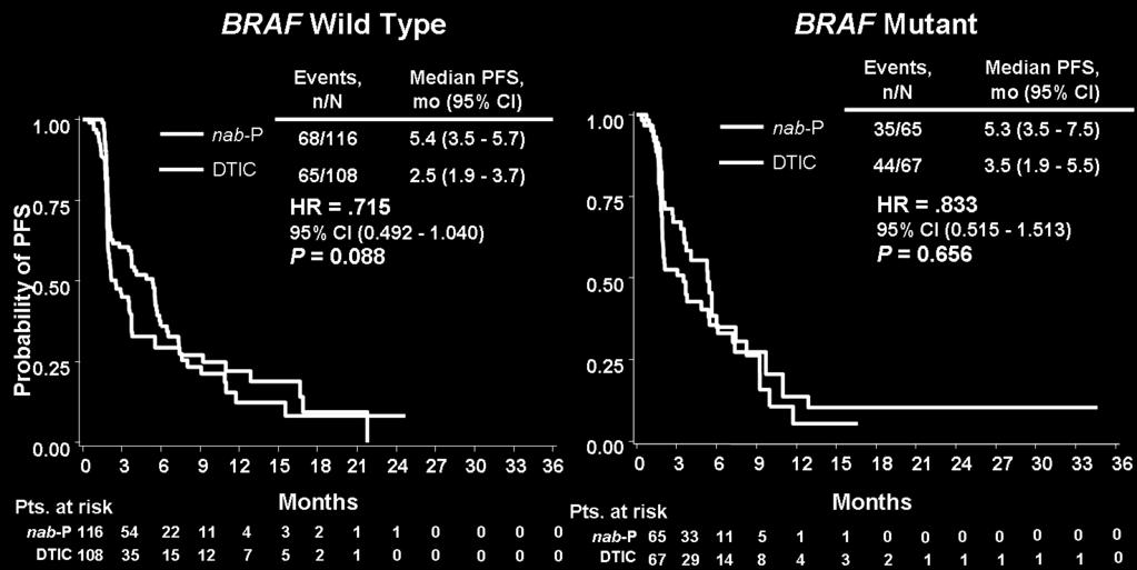 CA033 (Hersh): Phase III Trial of nab-p vs DTIC in Chemotherapy-Naive Metastatic Melanoma Results: Independent Assessment of PFS by BRAF Status 36 DTIC, dacarbazine; mo, months; nab-p,