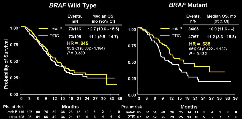CA033 (Hersh): Phase III Trial of nab-p vs DTIC in Chemotherapy-Naive Metastatic Melanoma Results: Interim OS by BRAF Status 37 DTIC, dacarbazine; mo, months; nab-p, nab-paclitaxel; OS, overall