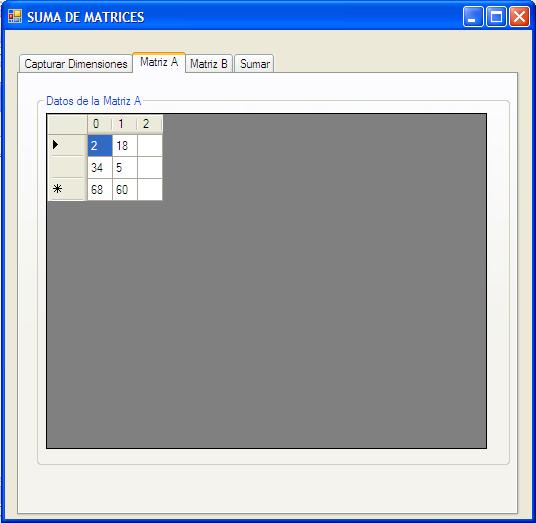 NOMBRE DE LA Ejercicios aplicando arreglos (vectores, matrices y ) Ejemplo: d) Al oprimir el botón Sumar en el tabpage4