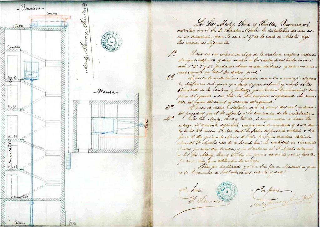 Documento original del contrato del primer ascensor instalado en España. Costó 2.500 duros obra civil incluida.