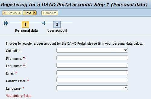 A new page opens titled: Registering for a DAAD Portal account: Step 1 (Personal
