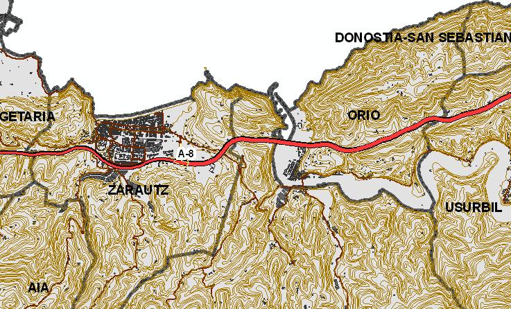 Zona de Orio-Zarautz Continuando su recorrido hacia Eibar, municipio final de la UME, atraviesa el municipio de Orio en dirección este-oeste, y salvo a la salida del municipio donde discurre cercano