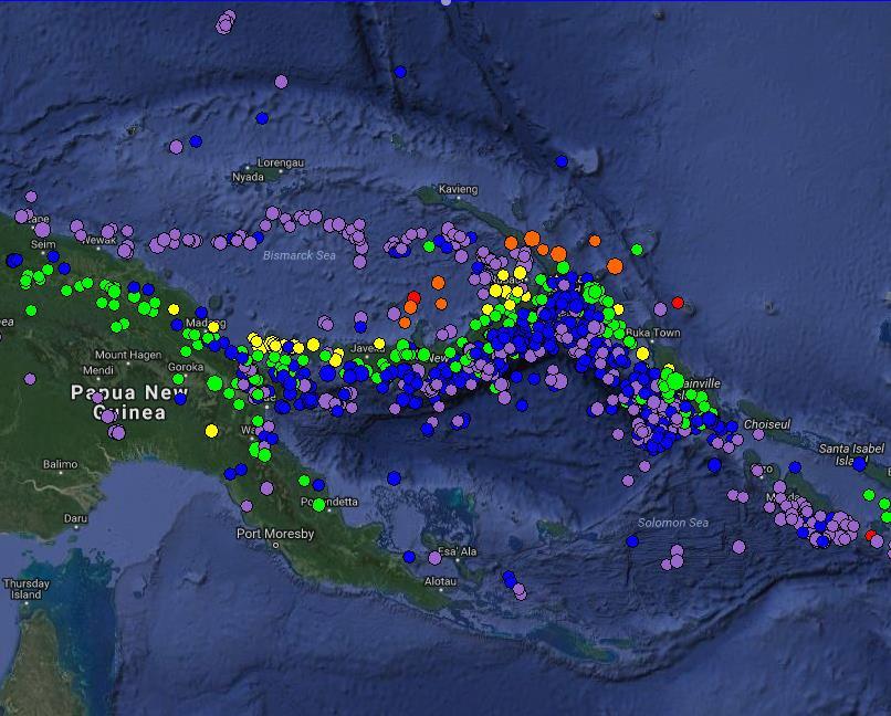 Este mapa de sismicidad cubre la misma región que el mapa de tectónica de micro-placa mostrada en la diapositiva anterior. La localización de los 1.