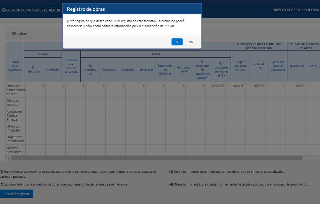 Al terminar de registrar toda la información requerida sobre obras, el usuario podrá hacer clic en el botón Concluir registro para indicar al titular de la entidad que ha culminado de ingresar