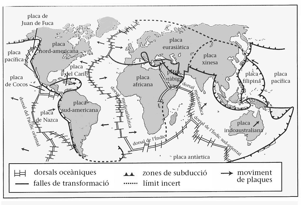 9. El mapa següent mostra les plaques tectòniques terrestres i els seus moviments. [1 punt en total] a) Quin moviment es dóna entre la placa africana i la sud-americana?