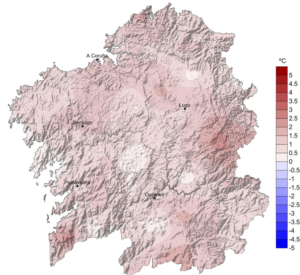 Na figura 2 pode verse o mapa de anomalías de temperatura para este outono. Houbo zonas nas que resultou normal, cunha anomalía moi próxima a 0ºC.