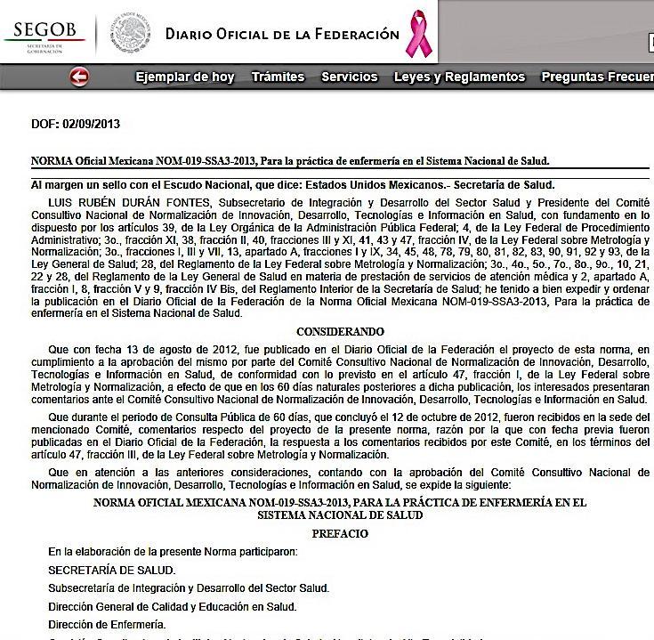 NORMA Oficial Mexicana NOM-019-SSA3-2013, Para la Práctica de enfermería