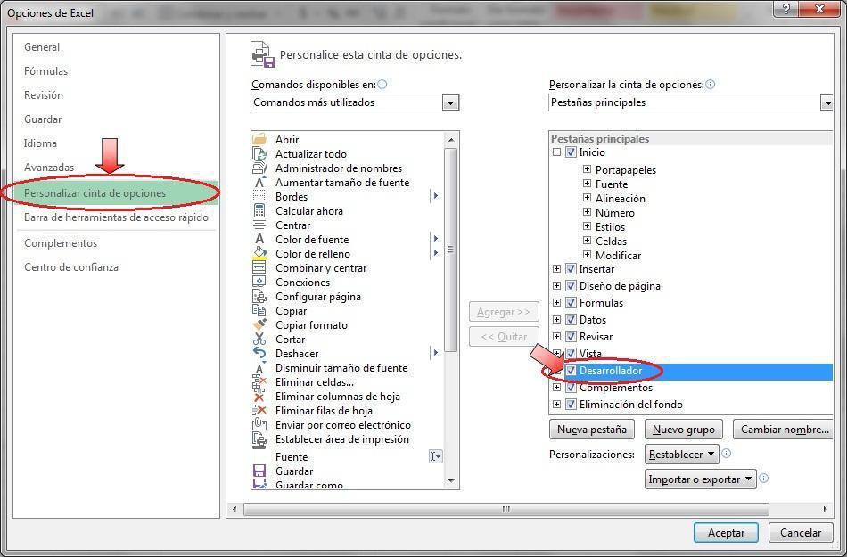 2. Dentro de Opciones de Excel haga clic sobre Personalizar cinta de opciones, donde deberá activar la opción Programador (para la