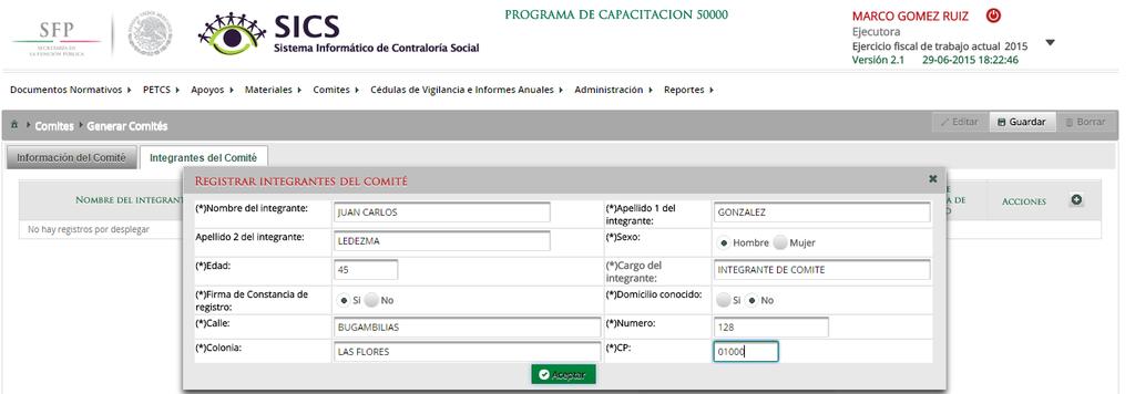 En la pantalla Registrar Integrantes del Comité se capturan todos los datos del integrante del comité, se selecciona la opción de Aceptar