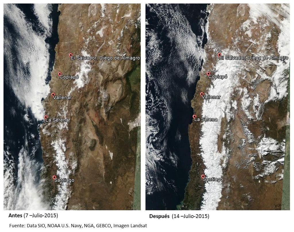 ANEXO QUÉ ES LA ISOTERMA CERO? Figura 6. Imagen satelital entre las Regiones de Atacama y Metropolitana, antes (izquierda) y después (derecha) de las precipitaciones del 12 de julio de 2015.