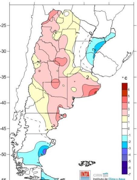 normales en el norte del país y Cuyo y valores superiores a los normales en reg. patagónica y extremo noroeste, con anomalías inferiores a los 3 C y superiores a los 3 C.