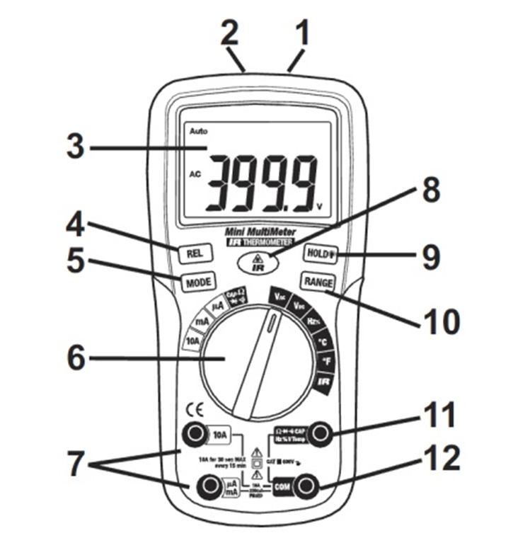 Descripción de los Mini Multímetros Digitales, MultiPort; Controles y Conectores 1. Termómetro IR 2. Puntero láser 3. LCD de 2000 cuentas 4. Botón MÁX 5. Botón MODE 6. Selector de FUNCIÓN 7.