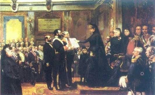 La regente Mª Cristina de Habsburgo-Lorena jura la constitución de 1876 ante las Cortes, estando embarazada del futuro rey Alfonso XIII, de la mano de las Infantas Mercedes y Mª Teresa.