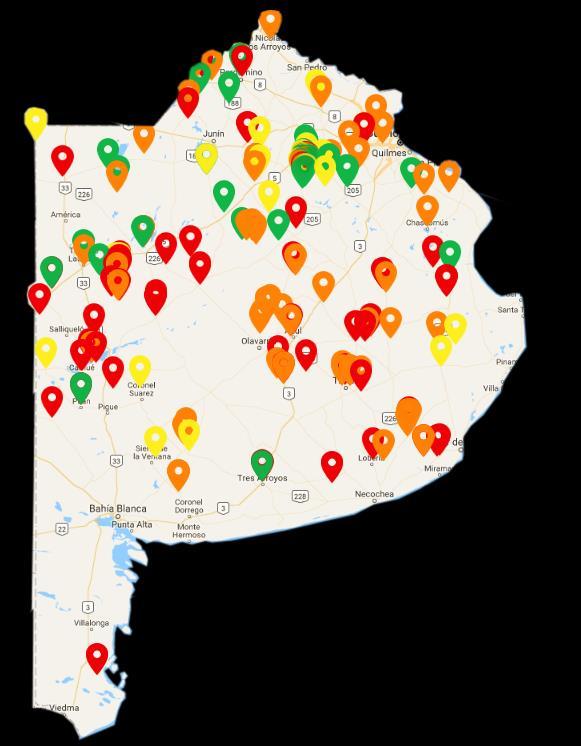 Estado de los caminos por Provincia s Aires La Provincia de s Aires presenta una generación de alertas en casi todo el territorio provincial, con menor frecuencia en el sur y mayor en el centro y
