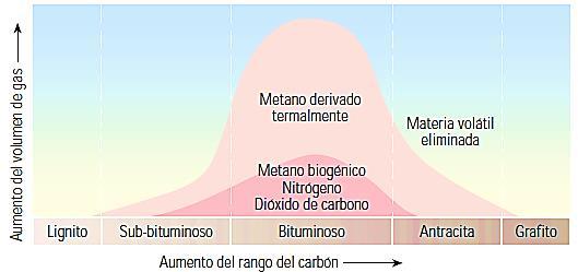 La figura 2.18 muestra la capacidad de absorción y adsorción de las capas de carbón. Al aumentar la madurez del carbón de bituminoso a antracita, aumenta su capacidad de adsorción y absorción.