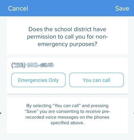 Paso 5: Permiso para llamar El sistema le preguntará si el distrito escolar tiene permiso para llamar a su número.