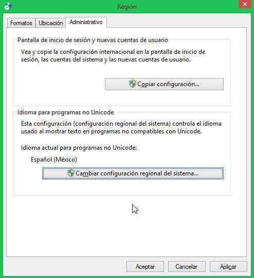 9. En la pestaña Administrativo deberá revisar si el Idioma actual para programas no Unicode es Español (México).