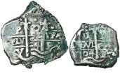Dos monedas, la de 1/2 real con perforación. (BC+/MBC). Est. 100......................................... 60, F 4083 1704. Felipe V. Potosí. Y. 1/2, 1 y 2 reales.