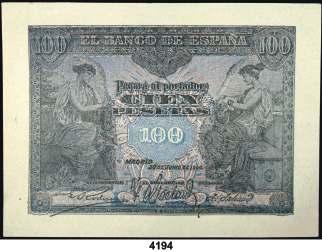 MBC-. Est. 40........... 25, F 4194 1906. 30 de junio. Prueba de una falsificación de 100 pesetas sin numeración, con planchas de color desplazadas; sobre papel corriente, con grandes márgenes. Rara.