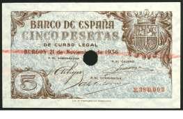 4206 4210 4205 1925. 100 pesetas. (Ed. D11). 1 de julio, Felipe II. Sin serie. Con sello en seco del Estado Español - Burgos. BC+. Est. 12.................................. 8, F 4206 1936. Burgos. 5 pesetas.