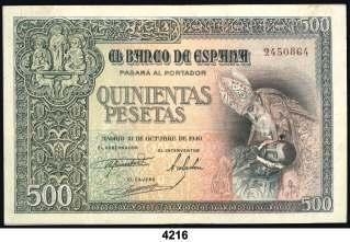 F 4216 1940. 500 pesetas. (Ed. D45). 21 de octubre, El Entierro del Conde Orgaz. Raro. MBC. Est. 250................................................ 220, 4217 1943. 1 peseta. (Ed. D48).
