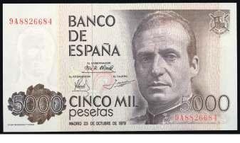 23 de octubre, Juan Carlos I. Serie 6G. Sin impresión de la calcografía del reverso. Raro. S/C. Est. 325......................... 275, F 4278 1979. 5000 pesetas.