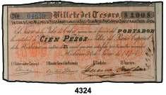4325 4327 F 4324 Cuba. 1874. Billete del Tesoro. 100 y 200 pesos. Raros. MBC+. Est. 700.