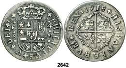 F 2642 1718. Sevilla. M. 4 reales. (Cal. 1143). Final de la leyenda de anverso G. Armas de Borgoña con 2 flores de lis. Escasa. MBC/MBC-. Est. 200.................. 125, F 2643 1728. Sevilla. P.