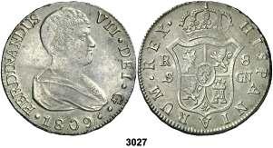 3026 1821. Potosí. PJ. 8 reales. (Cal. 610). Leves rayitas. MBC+. Est. 60............... 40, F 3027 1809. Sevilla. CN. 8 reales. (Cal. 635 var).