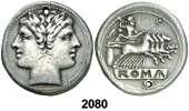 REPÚBLICA ROMANA 2067 (hacia 211 a.c.). Anónima. Semis. (Craw. 56/3). Anv.: Cabeza laureada de Saturno, detrás S. Rev.: Proa, encima S, debajo ROMA. 12,75 grs. BC+. Est. 50.............. 40, 2068 (hacia 211 a.