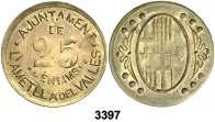 (Cal. 1, como serie completa). MBC+. Est. 50....... 30, 3398 L Ametlla del Vallès. 25 céntimos y 1 peseta. (Cal. 1, como serie completa). Lote de 2 monedas. MBC/MBC+. Est. 60................................... 45, 3399 Barcelona.
