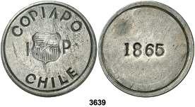 10 coronas. (Kr. 12). 10º Aniversario de la Independencia. S/C-. Est. 20........ 12, F 3638 CHILE. (1859). Copiapo. 1 peso.