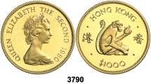 F 3790 HONG-KONG. 1980. Isabel II. 1000 dólares. (Fr. 6). AU. Año del Mono. Proof. Est. 750. 600, F 3791 HUNGRÍA. 1705. KB (Kremnitz). 1/2 taler. (Kr. 265.