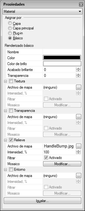 3 En el cuadro de diálogo de Abrir bitmap, seleccione HandleBump.jpg y haga clic en Abrir. 4 En el cuadro de diálogo Material, en Mosaico, haga clic en Modificar.