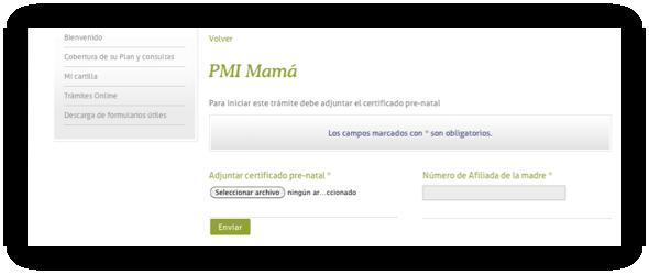 En el caso del PMI para la madre, al hacer clic en PMI mamá deberá seleccionar la opción Solicitar PMI mamá.