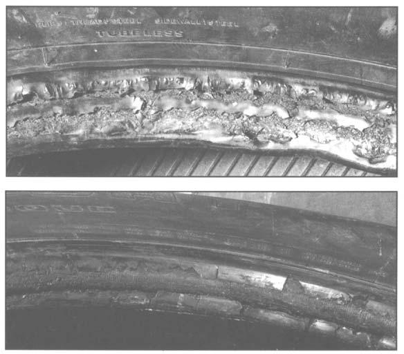 Figura 5. Sobrecalentamiento Figura 6. Desgaste 4.1.5.2 En el caso de llantas con neumático, daños visibles tales como cortes, cristalizaciones, deformaciones u oxidación.