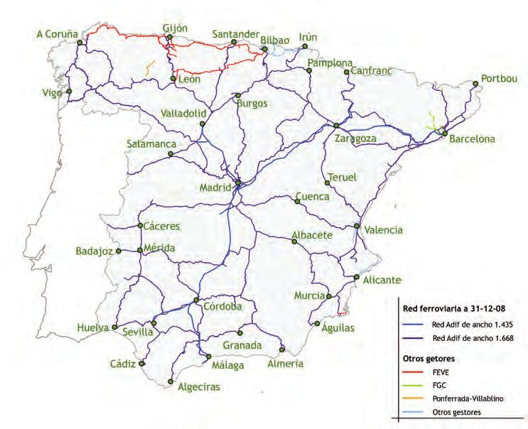 2008 El conjunto de la red de infraestructuras gestionada por Adif a 31 de
