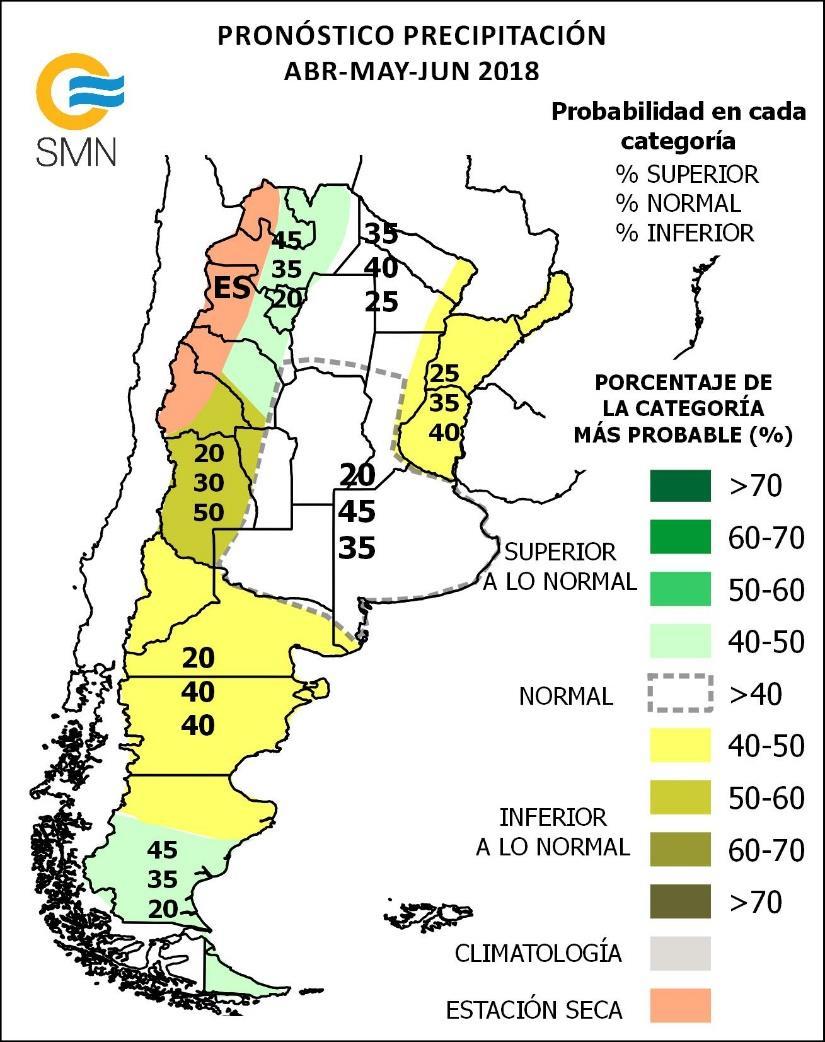 PRONÓSTICO TRIMESTRAL -Precipitación abril-mayo-junio 2018 Se prevé mayor probabilidad de ocurrencia de precipitación: - Inferior a la normal sobre gran parte de la región de Cuyo.