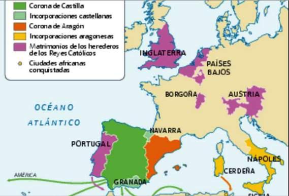 6. Observa el mapa y contesta a las preguntas: a) Explica cómo se vincularon los territorios de Inglaterra, Países Bajos, Austria, Borgoña y Portugal con la monarquía de los Reyes Católicos.