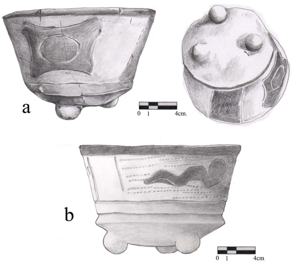 Figura 7 Vasijas del estilo cerámico Ciprés con bicromía. a) Jaina, Campeche, México.