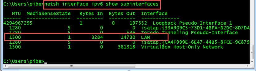 Para realizar esta verificación se utiliza el comando netsh interface ipv6 show subinterfaces Imagen 52 Imagen 52.