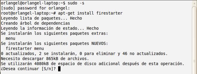 04 debemos instalar el paquete desde la terminal de Linux: Apt-get install firestarter Para acceder a la Terminal de Linux hacemos clic en el menú Aplicaciones de la Barra de Superior de Ubuntu,