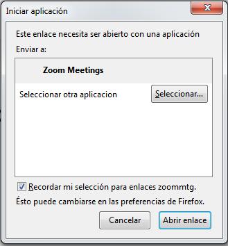 Aquí debemos seleccionar Zoom Meetings y tildar la opción Recordar mi selección para enlaces zoommtg.