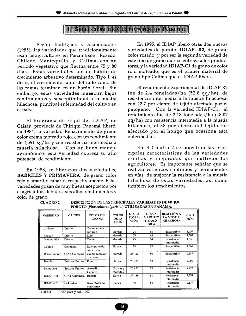 CUADRO 2 Cl Manual Técnico para el Manejo Integrado del Cultivo de Frijol Común o Poroto, Según Rodríguez y colaboradores (1985), las variedades que tradicionalmente usan los agricultores en Panamá