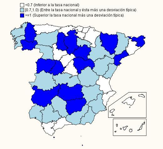 Tasas fallecidos por lesiones de tráfico según provincia (del accidente), España 2011 Por 1.000.000 hab Por 100.
